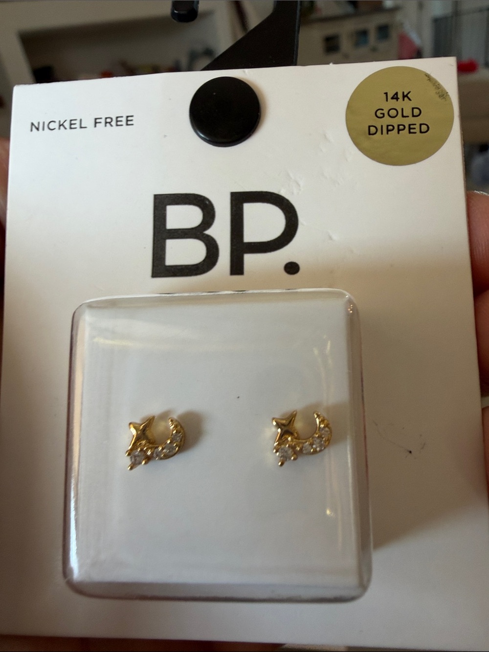 BP Gold Star & Moon Stud Earrings with Crystal Accents